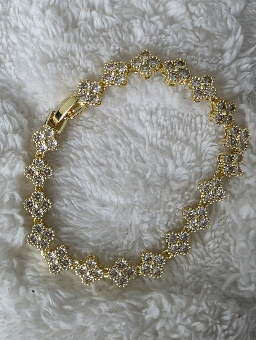 FOUR LEAF CLOVER TENNIS BRACELET GOLD TONE + CRYSTALS NWOT
